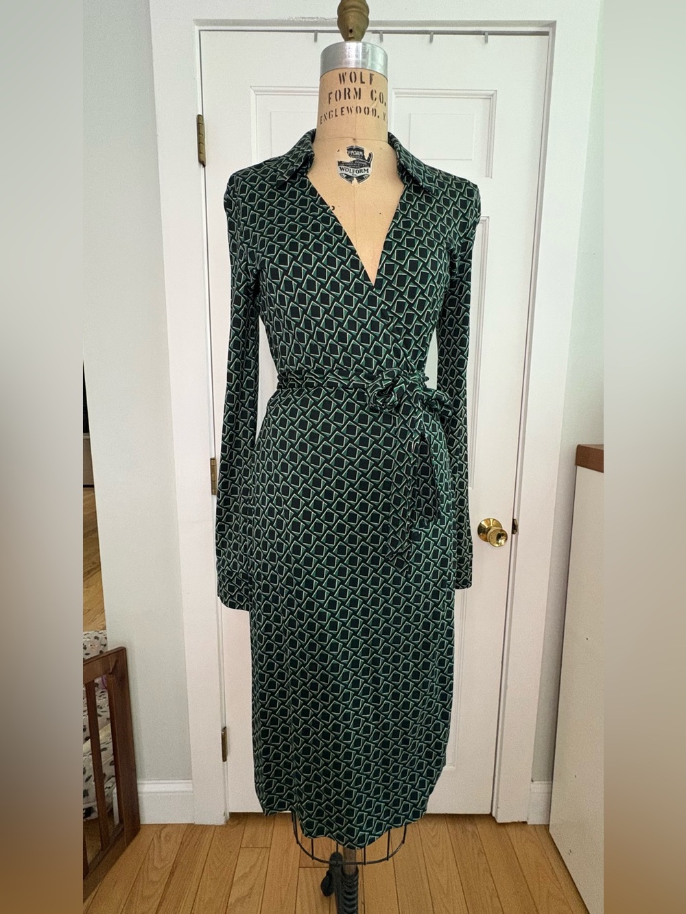 Diane Von Furstenberg Dark Green Geometric Wrap Midi Dress